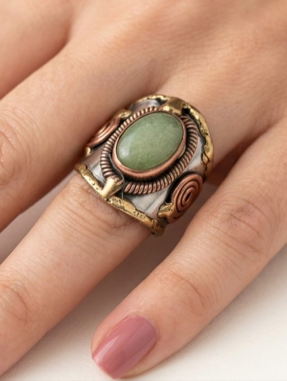 Handcrafted Mixed Metal Cuff Ring With Moss Agate Gemstone